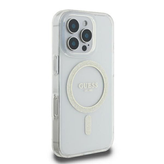Funda MagSafe para Apple iPhone 16 Pro, Guess, IML Glitter Ring, Transparente GUHMP16LHFGERET