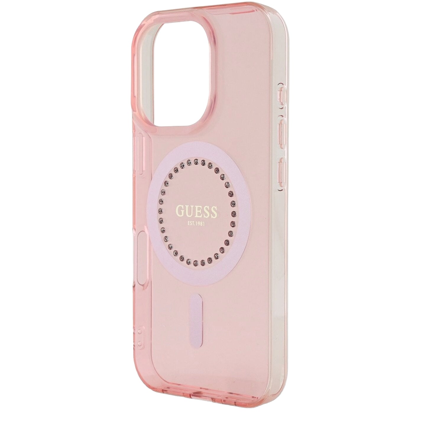 Funda MagSafe para Apple iPhone 16 Pro Max, Guess, IML Rhinestones Ring, Rosa GUHMP16XPFTDTEP