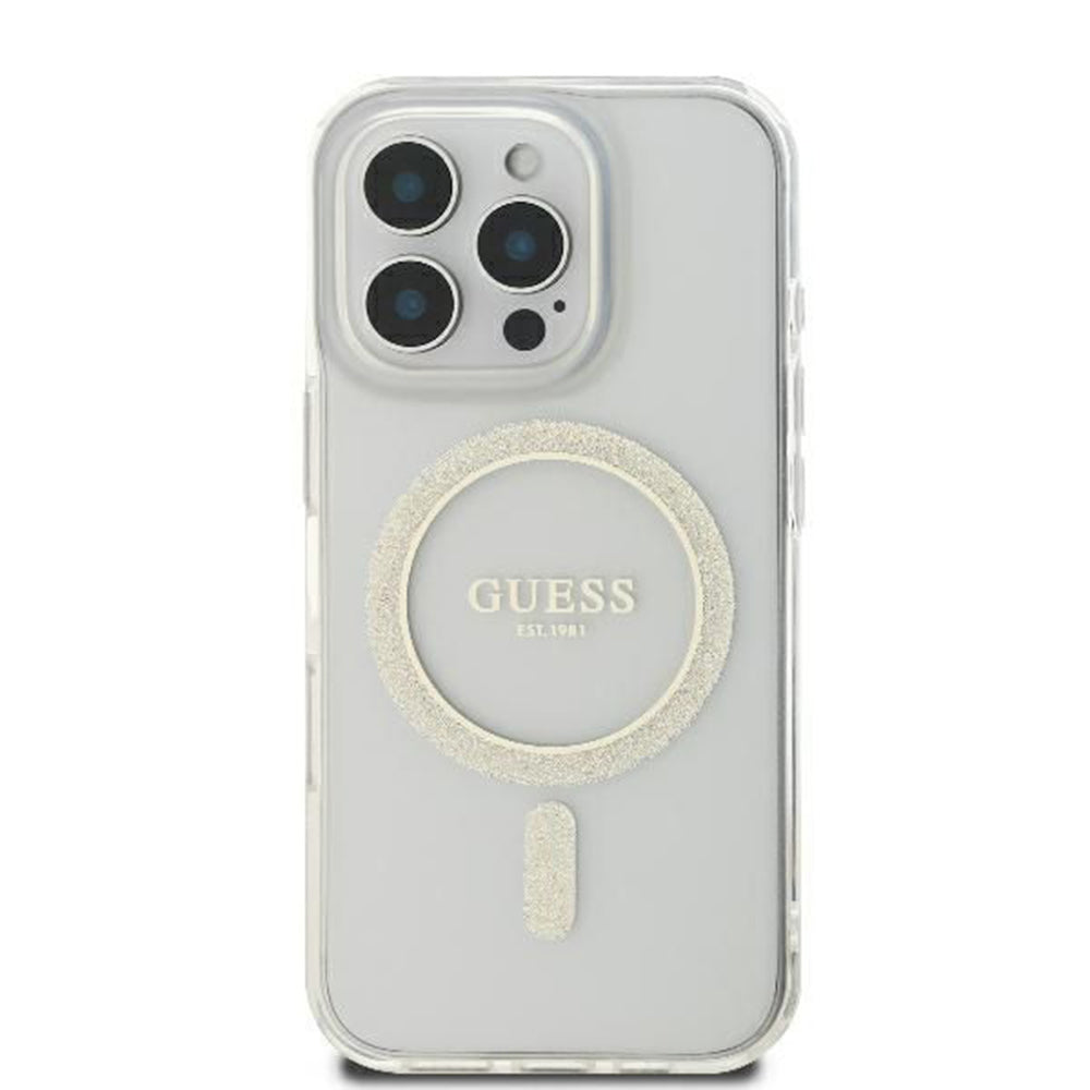 Funda MagSafe para Apple iPhone 16 Pro, Guess, IML Glitter Ring, Transparente GUHMP16LHFGERET