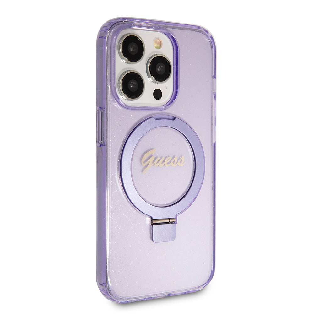 Funda MagSafe para Apple iPhone 15 Pro Max, Guess, IML Ring Stand Glitter, Morado GUHMP15XHRSGSU
