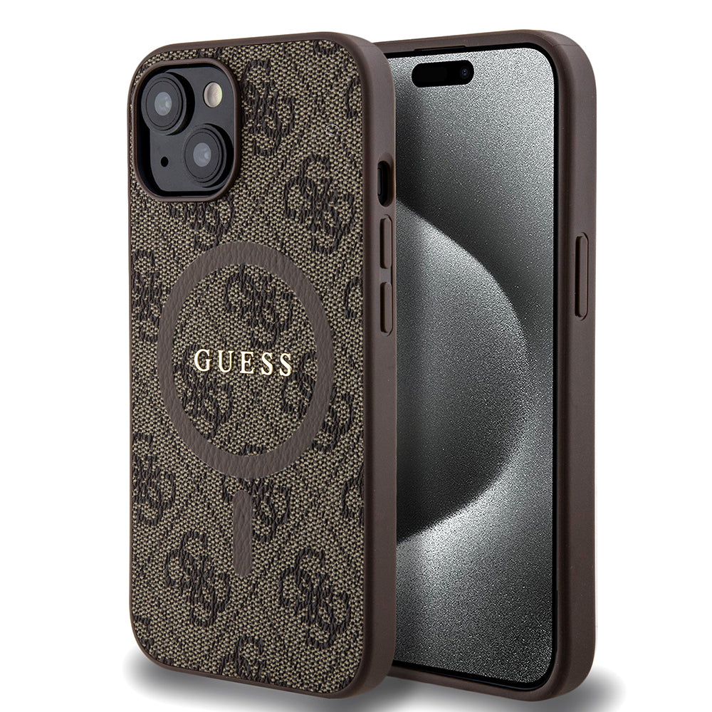 Funda MagSafe para Apple iPhone 15 Plus, Guess, 4G Colored Ring, Marrón GUHMP15MG4GFRW
