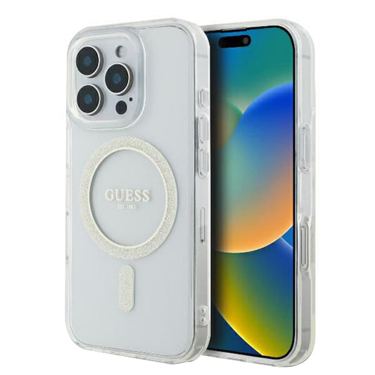 Funda MagSafe para Apple iPhone 16 Pro, Guess, IML Glitter Ring, Transparente GUHMP16LHFGERET