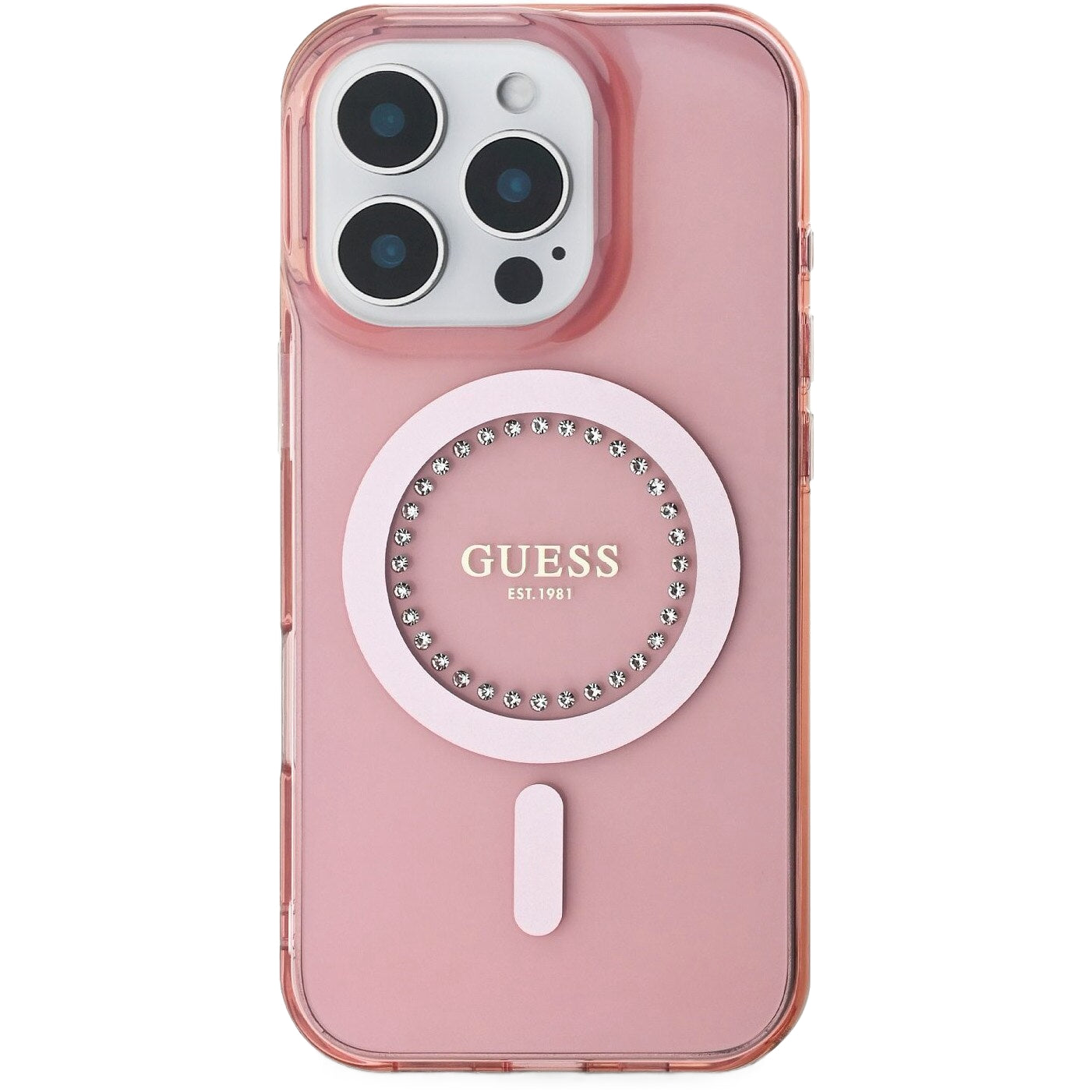 Funda MagSafe para Apple iPhone 16 Pro Max, Guess, IML Rhinestones Ring, Rosa GUHMP16XPFTDTEP