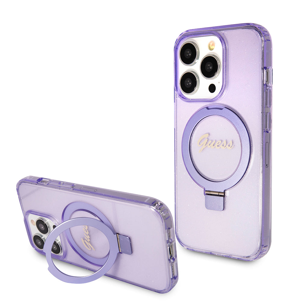 Funda MagSafe para Apple iPhone 15 Pro Max, Guess, IML Ring Stand Glitter, Morado GUHMP15XHRSGSU