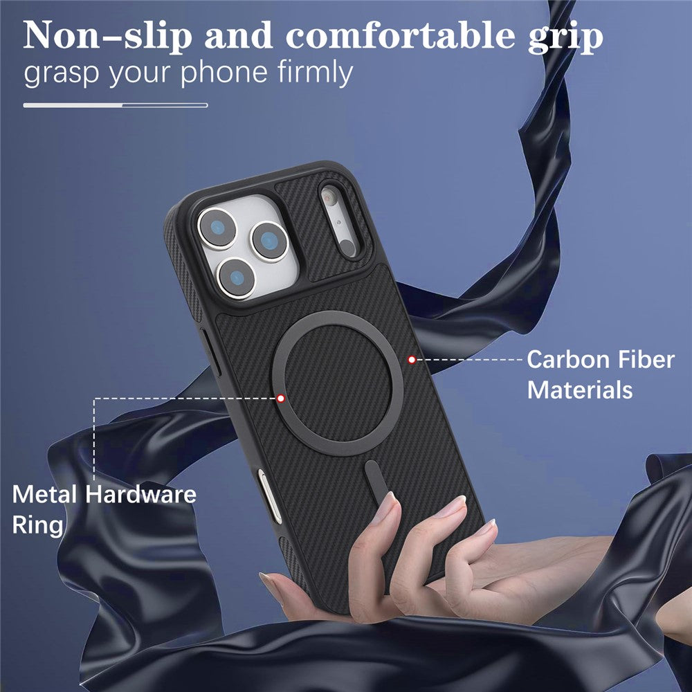 Funda MagSafe para Apple iPhone 17 Pro, OEM, Anillo de Metal de Carbono, Negra