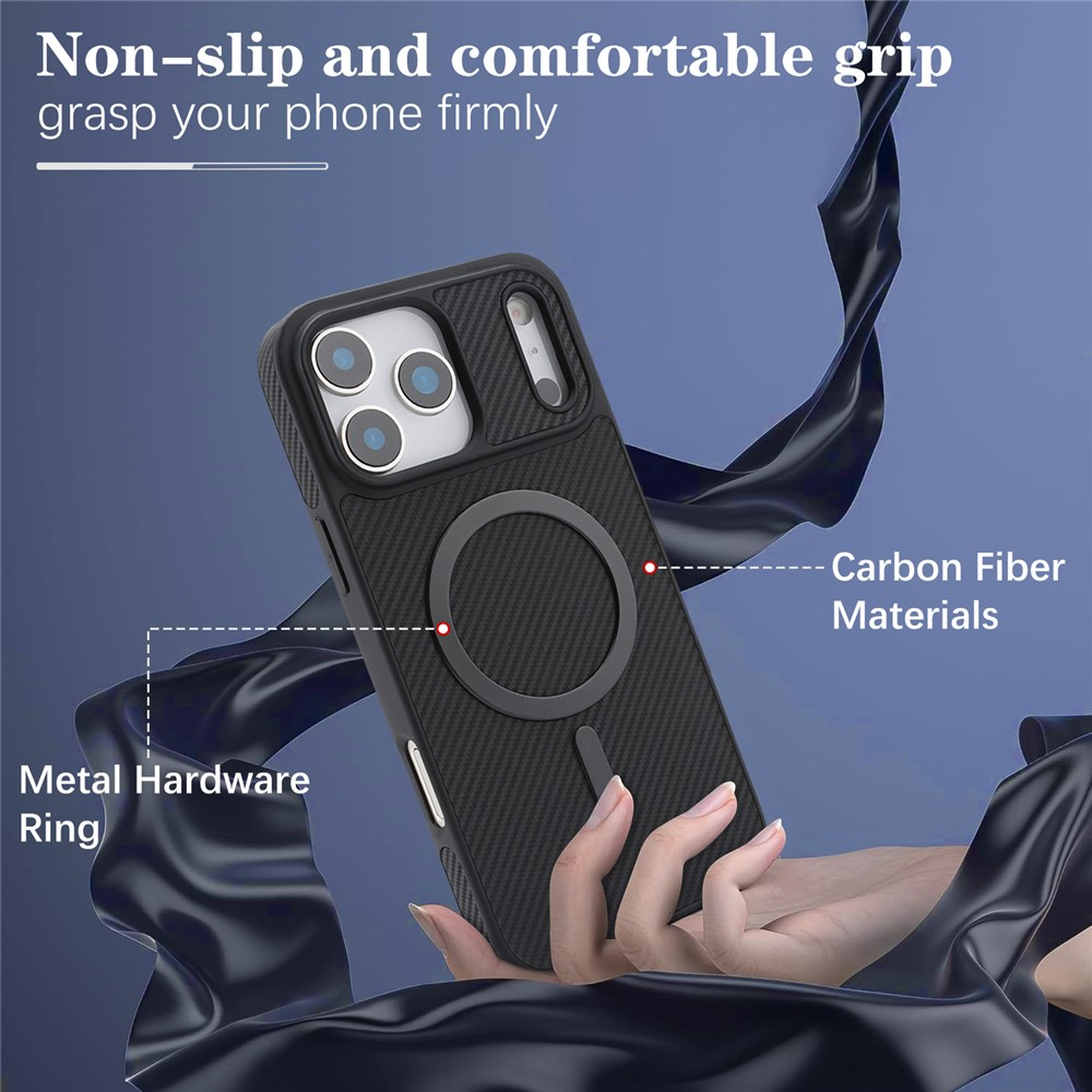 Funda MagSafe para Apple iPhone 17 Pro Max, OEM, Anillo de Metal de Carbono, Negra