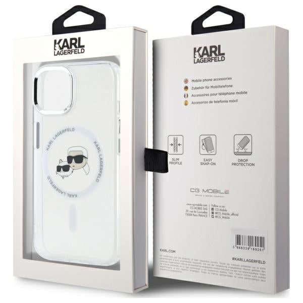 Funda MagSafe para Apple iPhone 14, Karl Lagerfeld, IML Metal Karl & Choupette's Heads, Blanca
