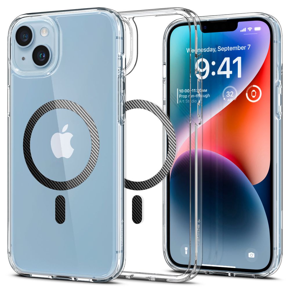 Funda MagSafe para Apple iPhone 14 Plus, Spigen, Ultra Hybrid Carbon, Transparente