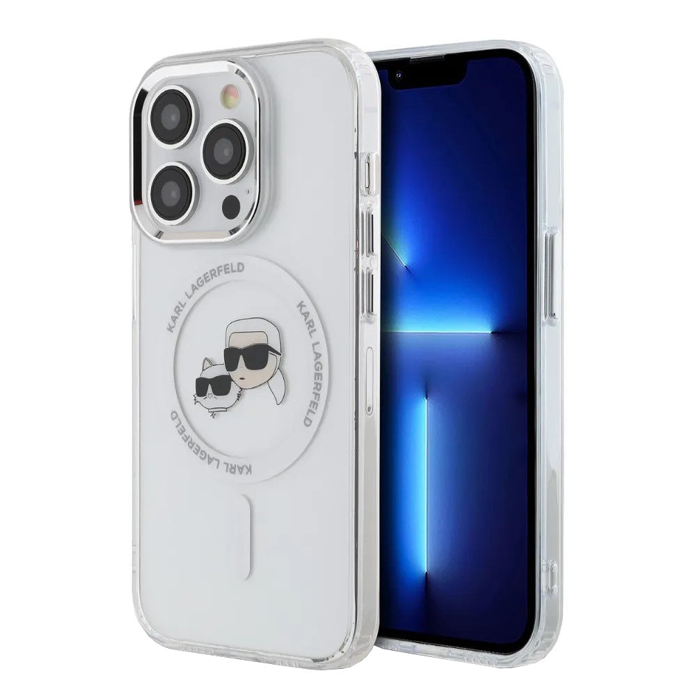 Funda MagSafe para Apple iPhone 14 Pro, Karl Lagerfeld, IML Metal Karl & Choupette's Heads, Blanca