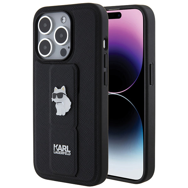 Funda MagSafe para Apple iPhone 14 Pro, Karl Lagerfeld, Saffiano Gripstand Choupette, Negra.
