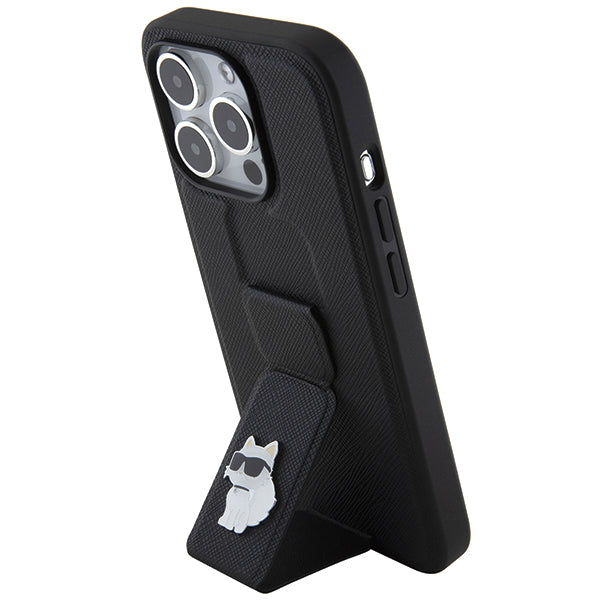 Funda MagSafe para Apple iPhone 14 Pro, Karl Lagerfeld, Saffiano Gripstand Choupette, Negra.