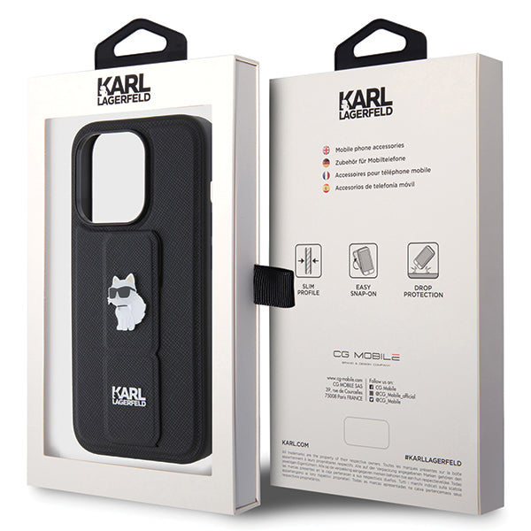 Funda MagSafe para Apple iPhone 14 Pro, Karl Lagerfeld, Saffiano Gripstand Choupette, Negra.