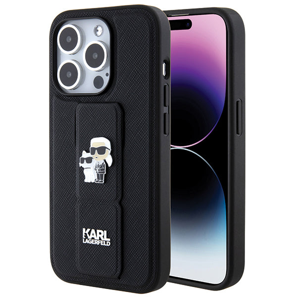 Funda MagSafe para Apple iPhone 14 Pro, Karl Lagerfeld, Saffiano Gripstand Karl & Choupette, Negra.