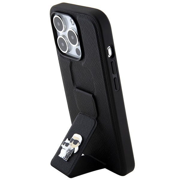 Funda MagSafe para Apple iPhone 14 Pro, Karl Lagerfeld, Saffiano Gripstand Karl & Choupette, Negra.