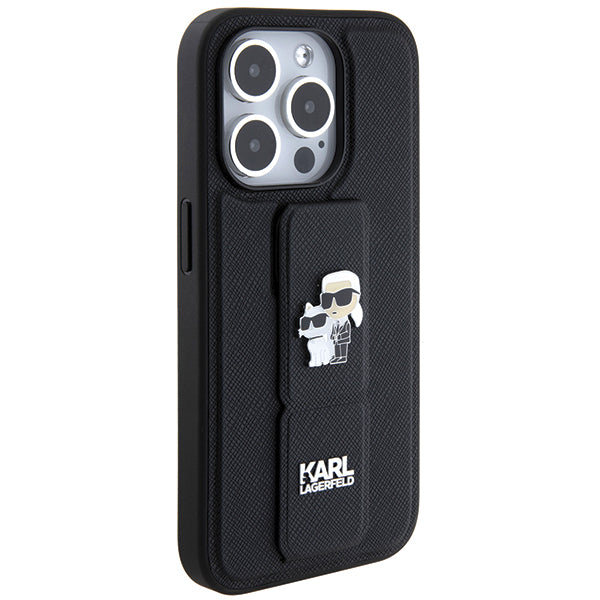 Funda MagSafe para Apple iPhone 14 Pro, Karl Lagerfeld, Saffiano Gripstand Karl & Choupette, Negra.
