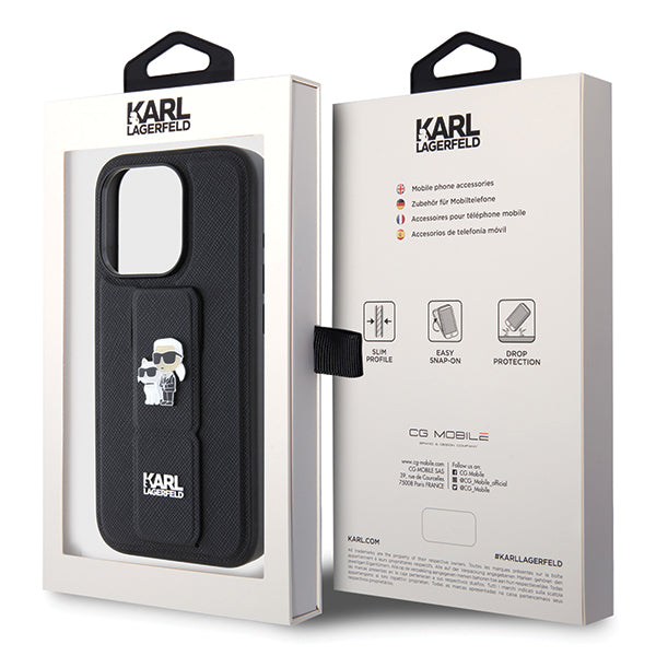 Funda MagSafe para Apple iPhone 14 Pro, Karl Lagerfeld, Saffiano Gripstand Karl & Choupette, Negra.
