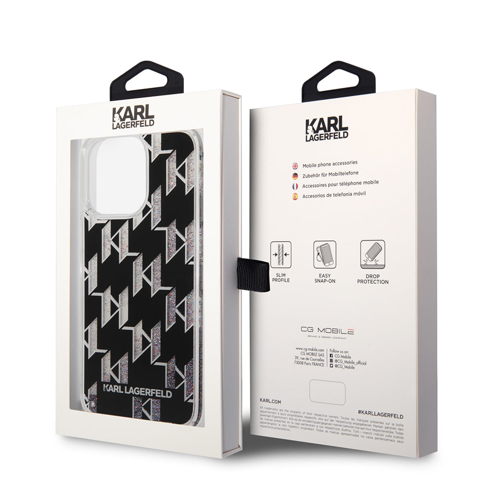 Funda MagSafe para Apple iPhone 14 Pro Max, Karl Lagerfeld, Monogram Liquid Glitter, Negra