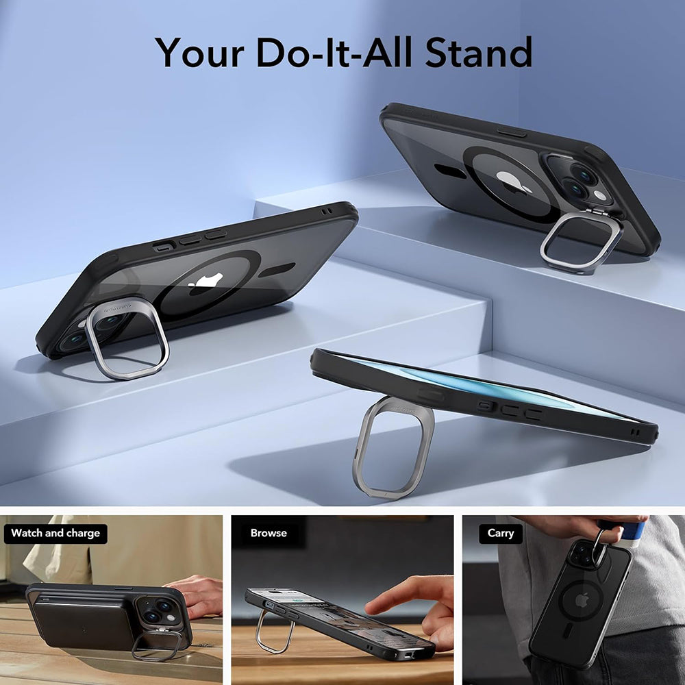 Funda MagSafe para Apple iPhone 15, ESR, Classic Hybrid Kickstand, Negra Transparente