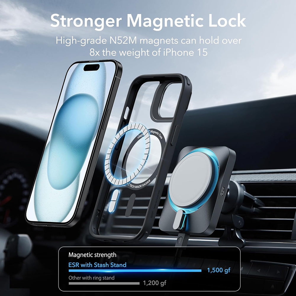 Funda MagSafe para Apple iPhone 15, ESR, Classic Hybrid Kickstand, Negra Transparente
