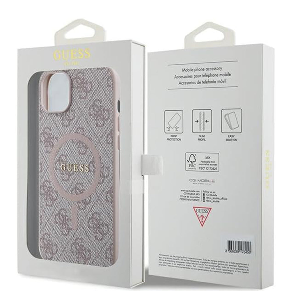 Funda MagSafe para Apple iPhone 15, Guess, Colección 4G, Rosa.