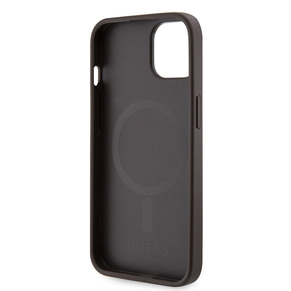Funda MagSafe para Apple iPhone 15, Guess, 4G Printed Stripes, Marrón.