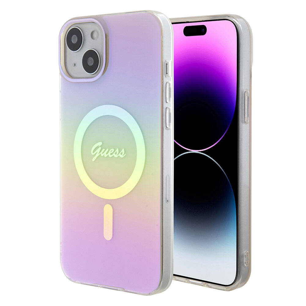 Funda MagSafe para Apple iPhone 15, Guess, IML Iridescent Script, Rosa GUHMP15SHITSP