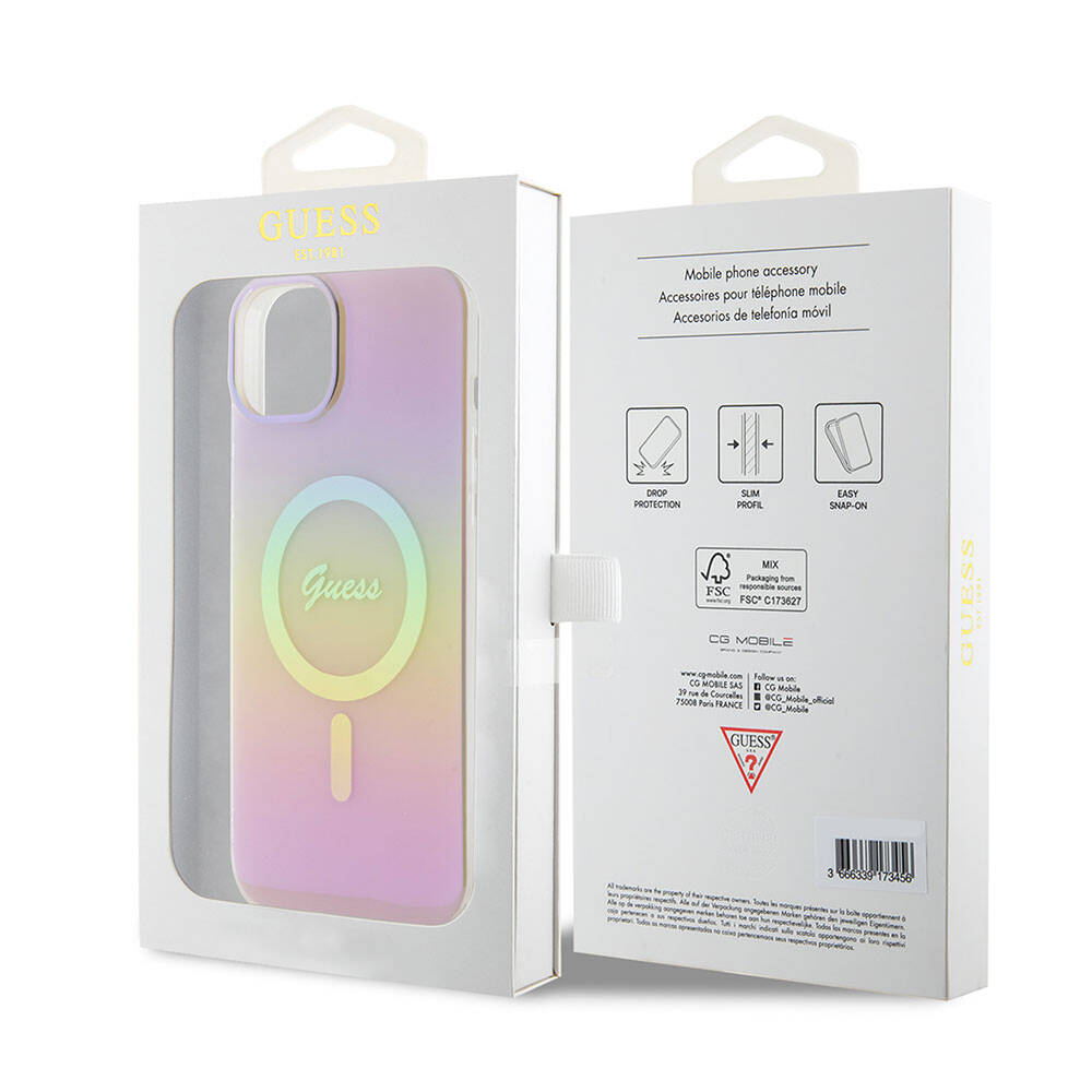 Funda MagSafe para Apple iPhone 15, Guess, IML Iridescent Script, Rosa GUHMP15SHITSP