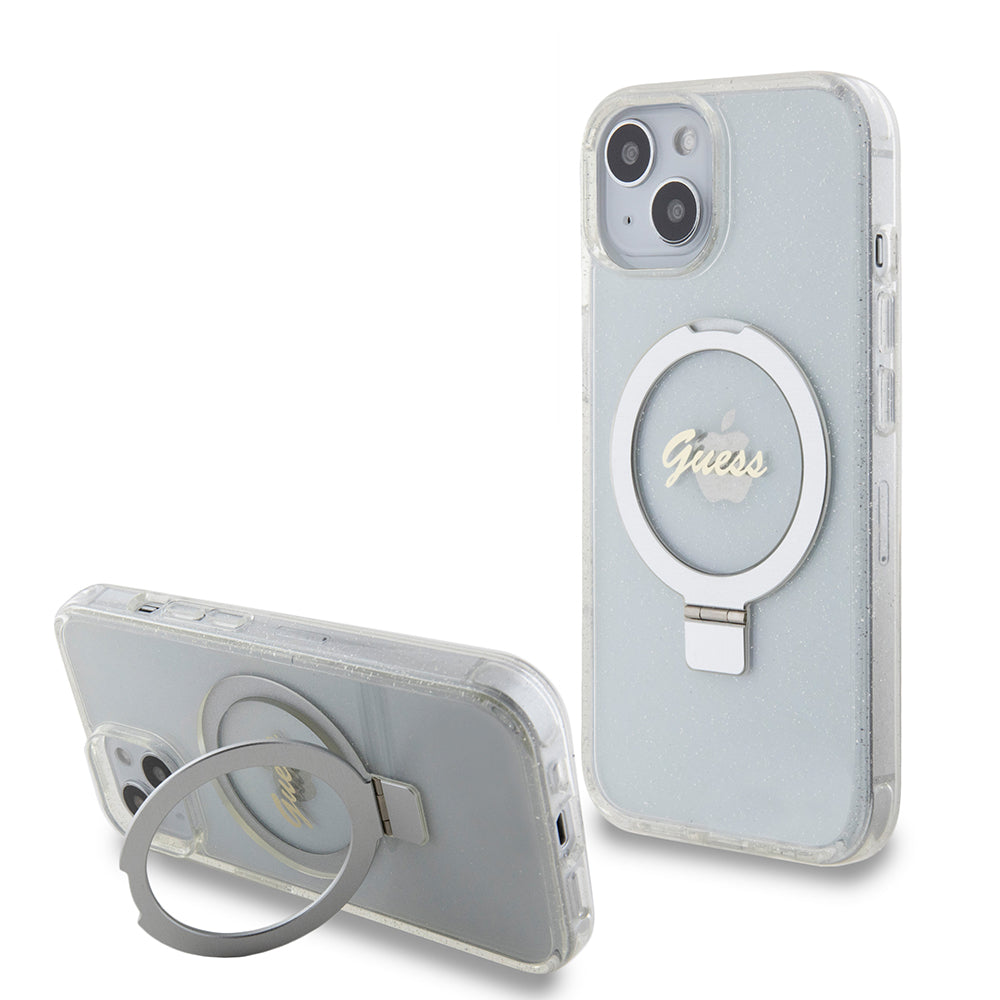 Funda MagSafe para Apple iPhone 15, Guess, Ring Stand Script Glitter, Transparente