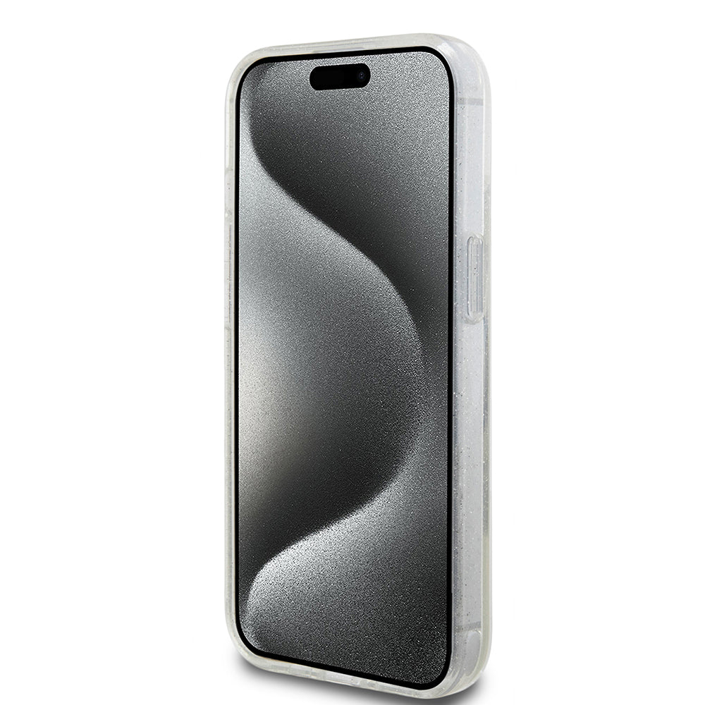 Funda MagSafe para Apple iPhone 15, Guess, Ring Stand Script Glitter, Transparente