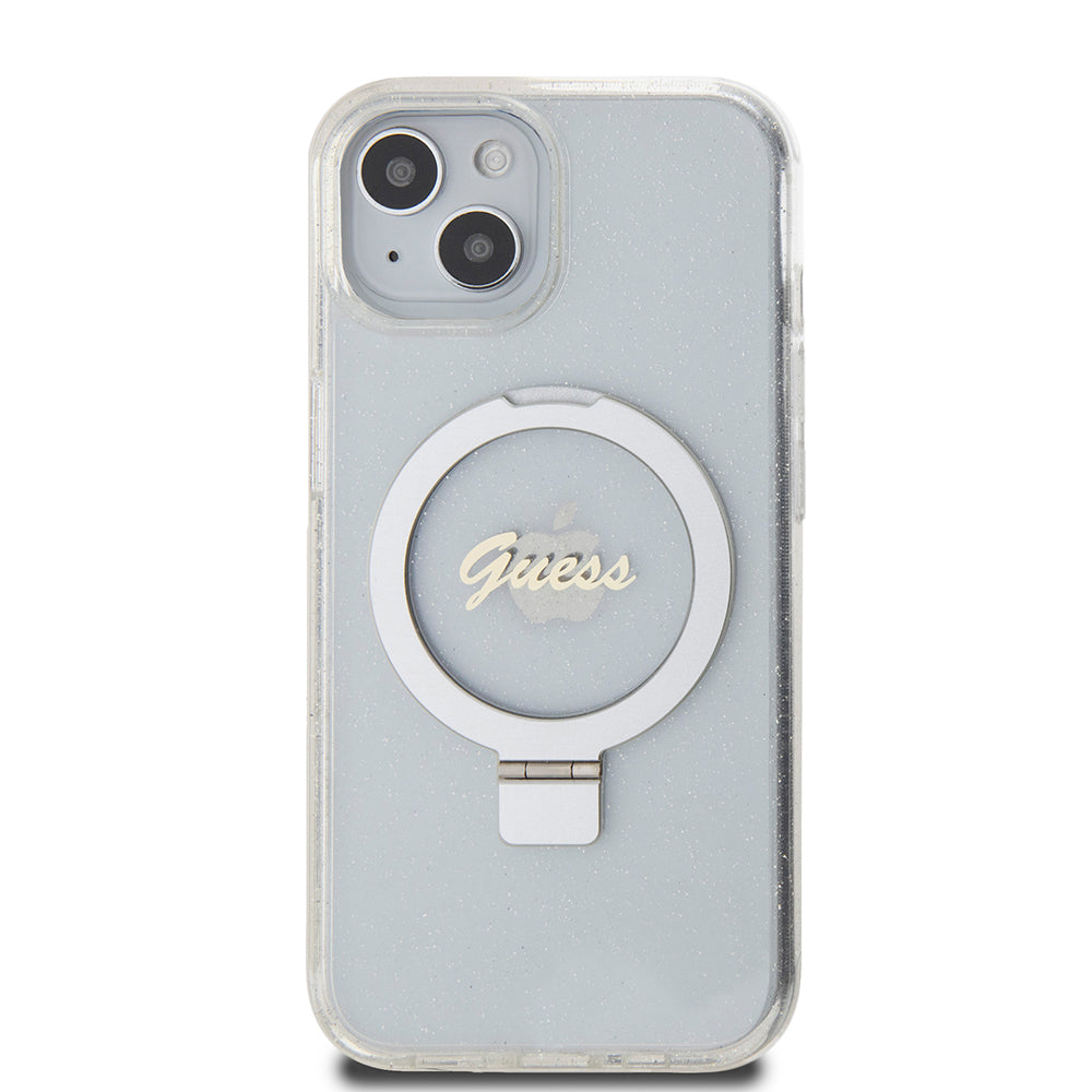 Funda MagSafe para Apple iPhone 15, Guess, Ring Stand Script Glitter, Transparente