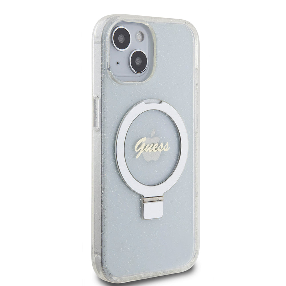 Funda MagSafe para Apple iPhone 15, Guess, Ring Stand Script Glitter, Transparente