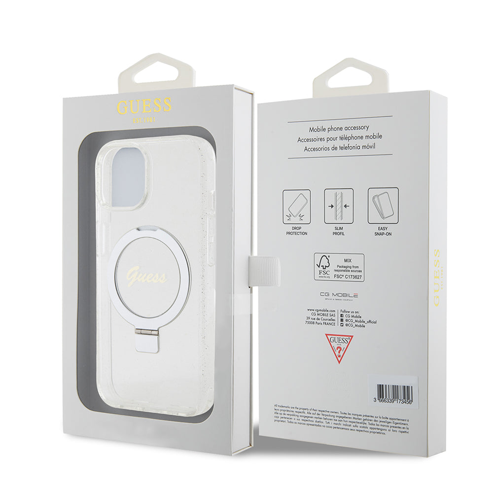 Funda MagSafe para Apple iPhone 15, Guess, Ring Stand Script Glitter, Transparente