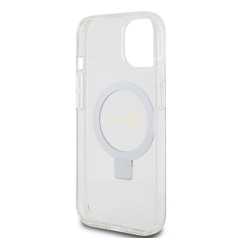 Funda MagSafe para Apple iPhone 15, Guess, Ring Stand Script Glitter, Transparente