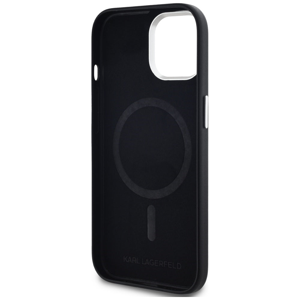 Funda MagSafe para Apple iPhone 15, Karl Lagerfeld, FW Metal Plate, Negra