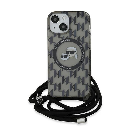 Funda MagSafe para Apple iPhone 15, Karl Lagerfeld, IML Crossbody Monogram Karl & Choupette's Heads, Negra