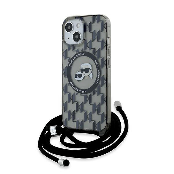 Funda MagSafe para Apple iPhone 15, Karl Lagerfeld, IML Crossbody Monogram Karl & Choupette's Heads, Negra
