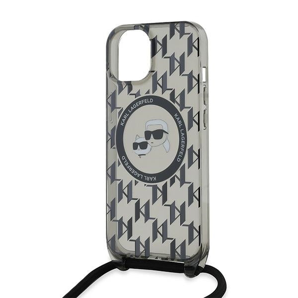Funda MagSafe para Apple iPhone 15, Karl Lagerfeld, IML Crossbody Monogram Karl & Choupette's Heads, Negra