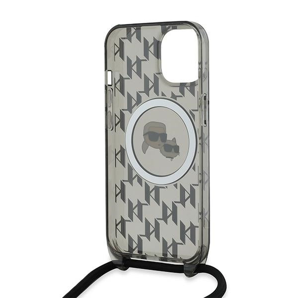 Funda MagSafe para Apple iPhone 15, Karl Lagerfeld, IML Crossbody Monogram Karl & Choupette's Heads, Negra