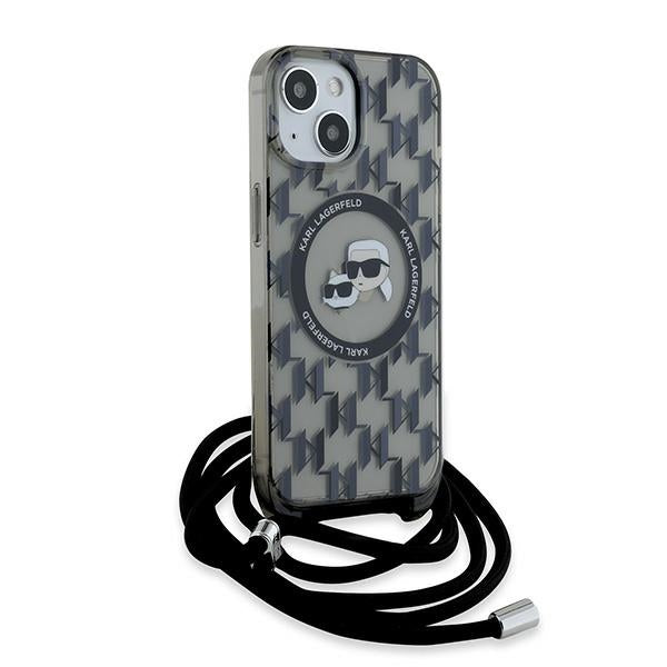 Funda MagSafe para Apple iPhone 15, Karl Lagerfeld, IML Crossbody Monogram Karl & Choupette's Heads, Negra