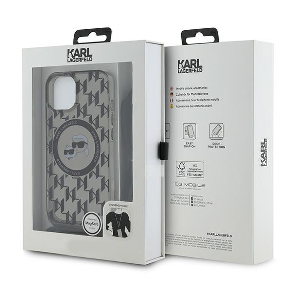 Funda MagSafe para Apple iPhone 15, Karl Lagerfeld, IML Crossbody Monogram Karl & Choupette's Heads, Negra