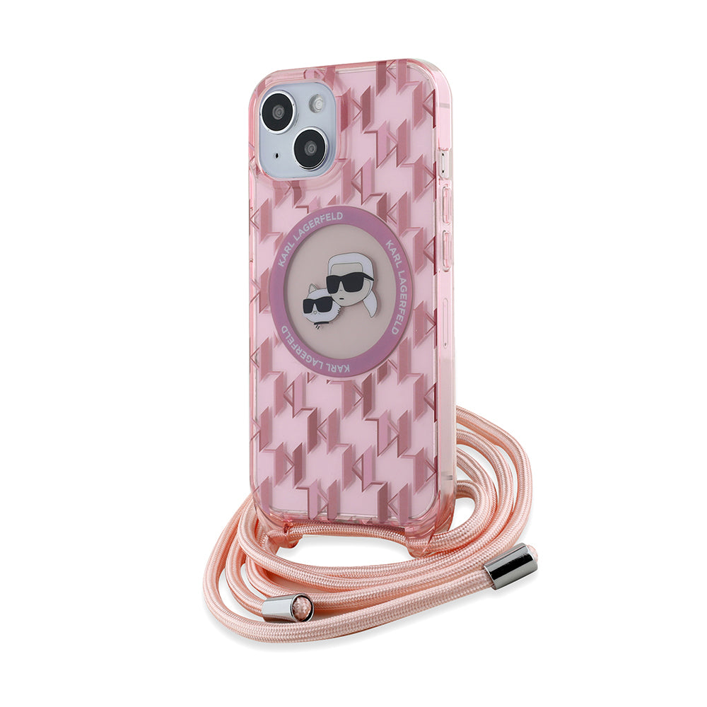 Funda MagSafe para Apple iPhone 15, Karl Lagerfeld, IML Crossbody Monogram Karl & Choupette's Heads, Rosa
