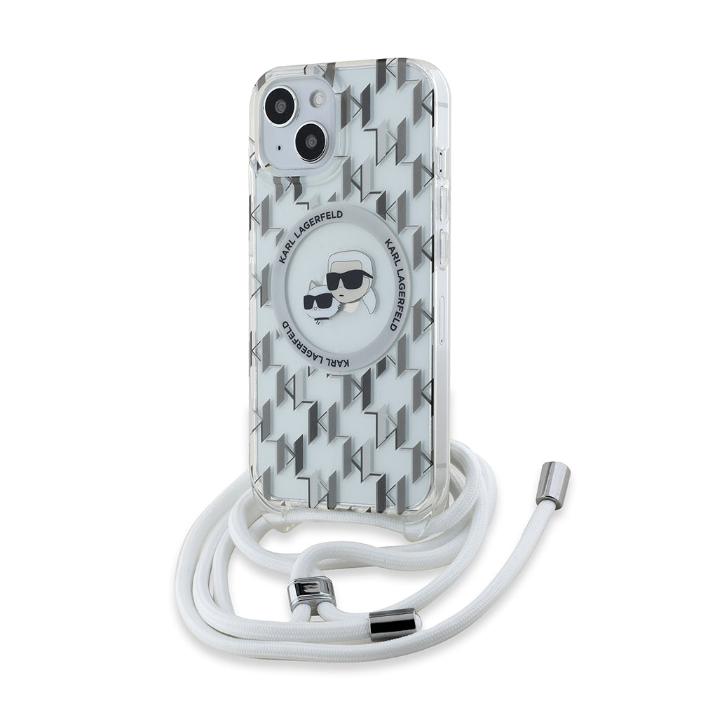 Funda MagSafe para Apple iPhone 15, Karl Lagerfeld, IML Crossbody Monogram Karl & Choupette's Heads, Transparente
