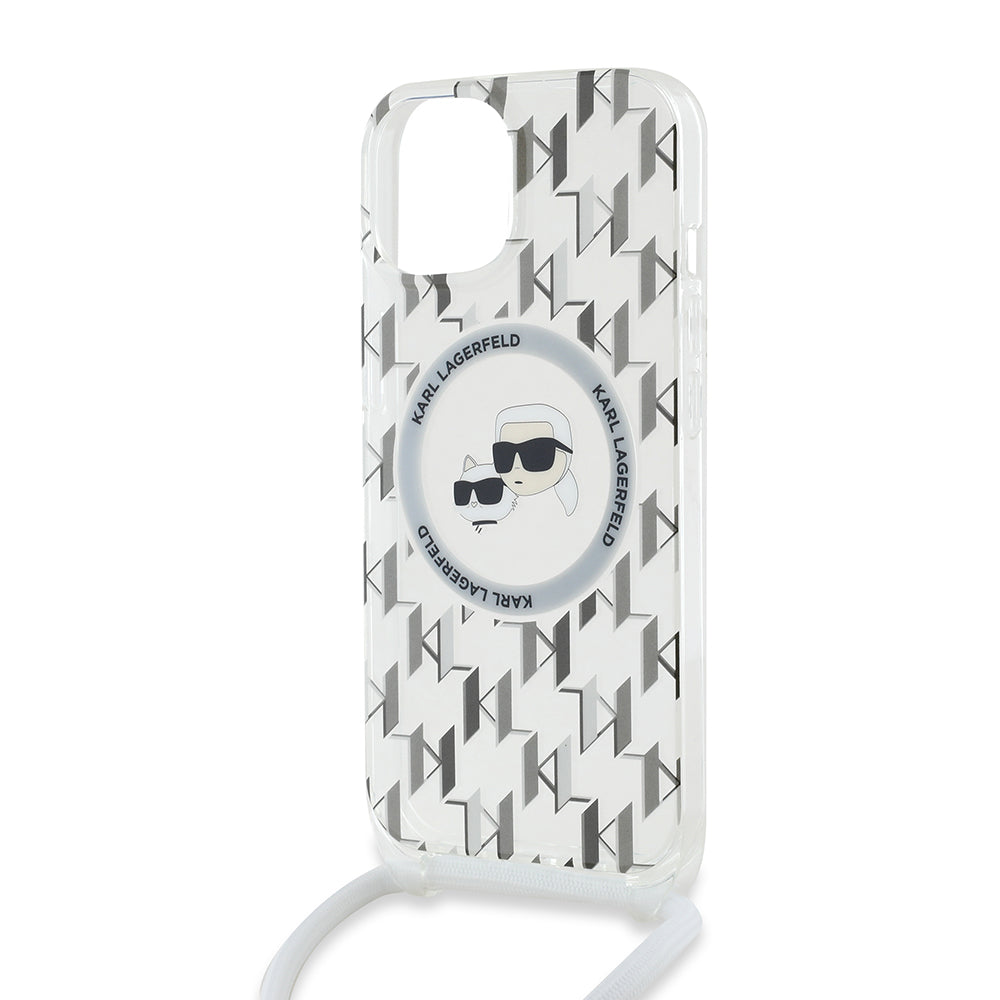 Funda MagSafe para Apple iPhone 15, Karl Lagerfeld, IML Crossbody Monogram Karl & Choupette's Heads, Transparente