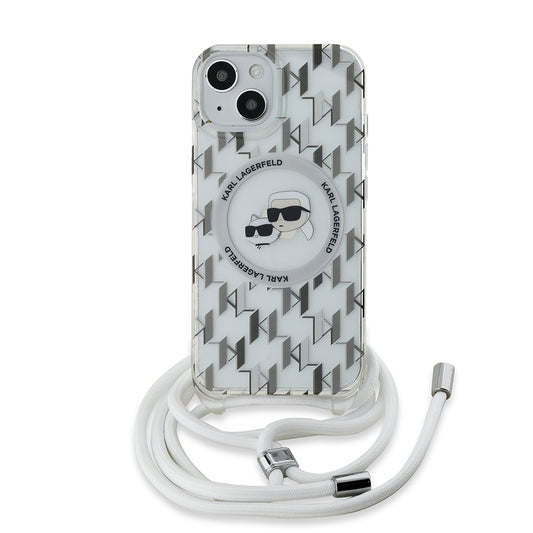 Funda MagSafe para Apple iPhone 15, Karl Lagerfeld, IML Crossbody Monogram Karl & Choupette's Heads, Transparente