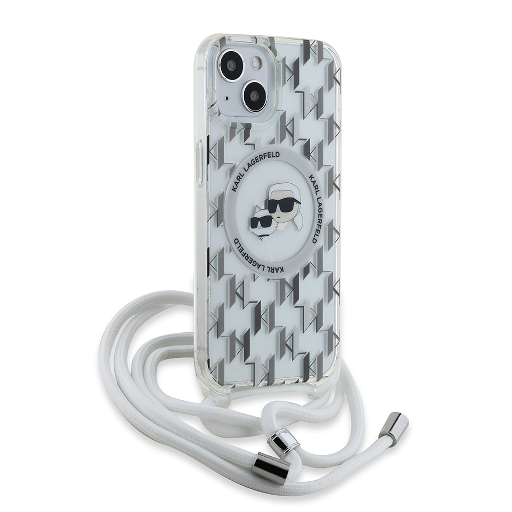 Funda MagSafe para Apple iPhone 15, Karl Lagerfeld, IML Crossbody Monogram Karl & Choupette's Heads, Transparente