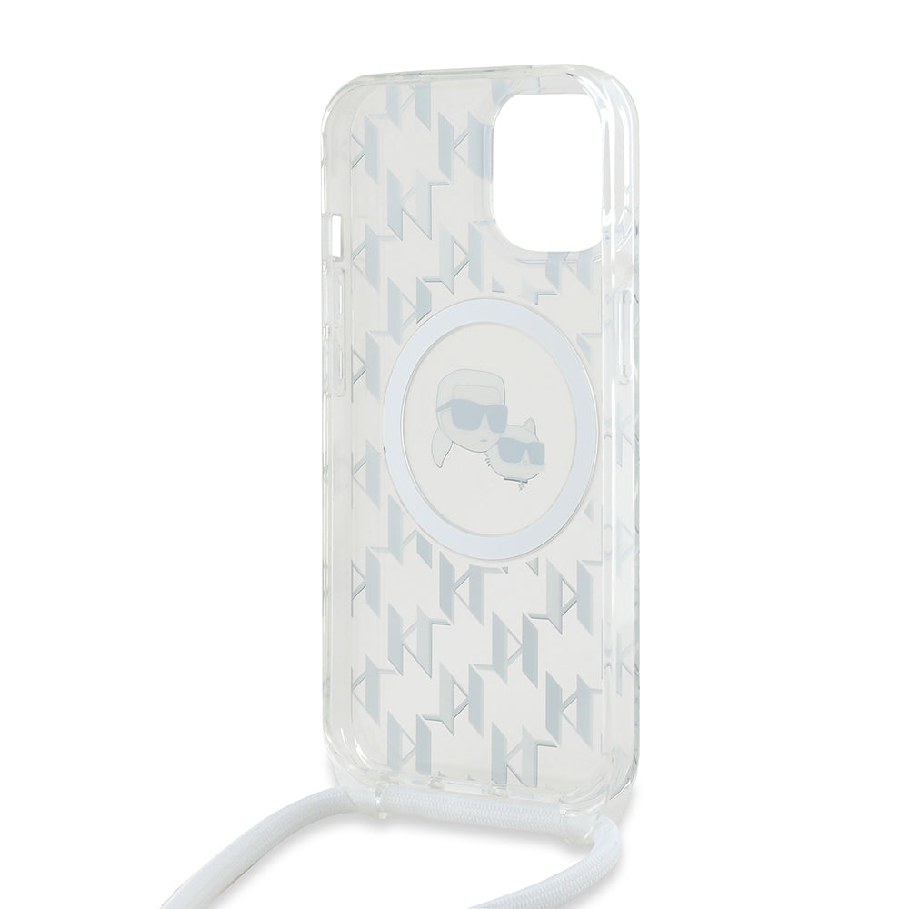 Funda MagSafe para Apple iPhone 15, Karl Lagerfeld, IML Crossbody Monogram Karl & Choupette's Heads, Transparente