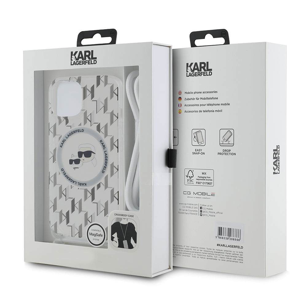 Funda MagSafe para Apple iPhone 15, Karl Lagerfeld, IML Crossbody Monogram Karl & Choupette's Heads, Transparente