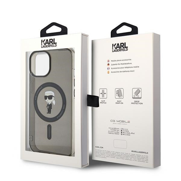 Funda MagSafe para Apple iPhone 15, Karl Lagerfeld, IML Ikonik Karl, Negra