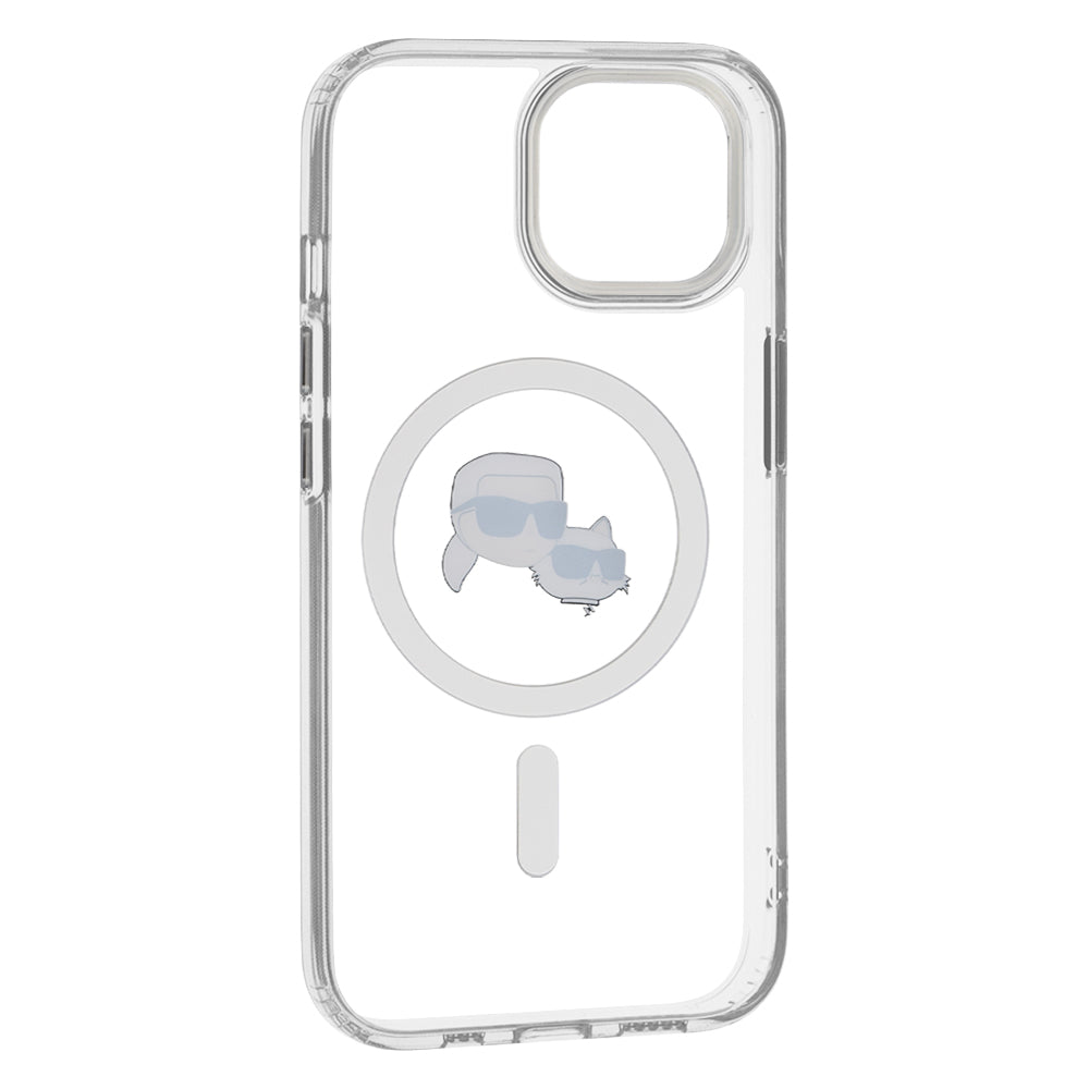 Funda MagSafe para Apple iPhone 15, Karl Lagerfeld, IML Metal Karl & Choupette's Heads, Blanca.