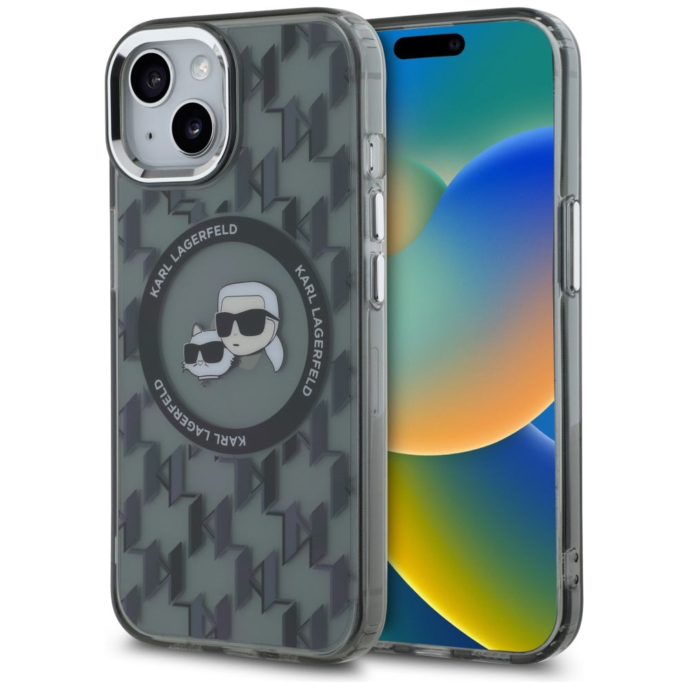 Funda MagSafe para Apple iPhone 15, Karl Lagerfeld, IML Monogram Karl & Choupette's Heads, Negra.
